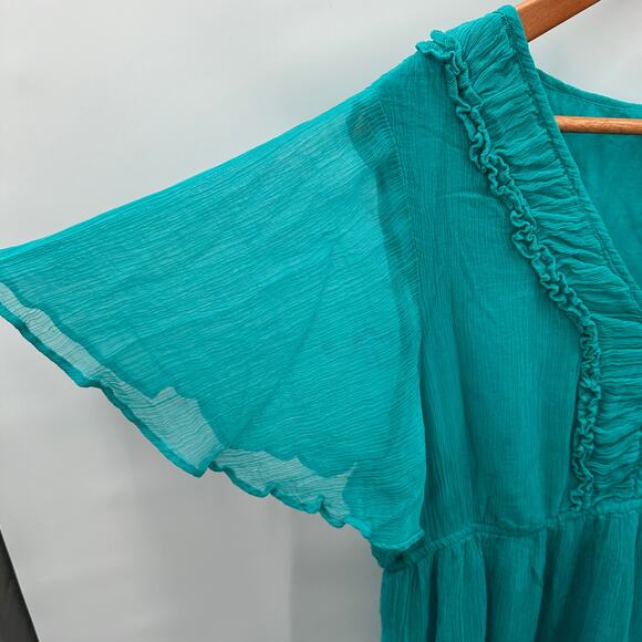 SUNDANCE CLOTHING Teal V Neck Flounce Dress // Large Petite - Picture 6 of 8